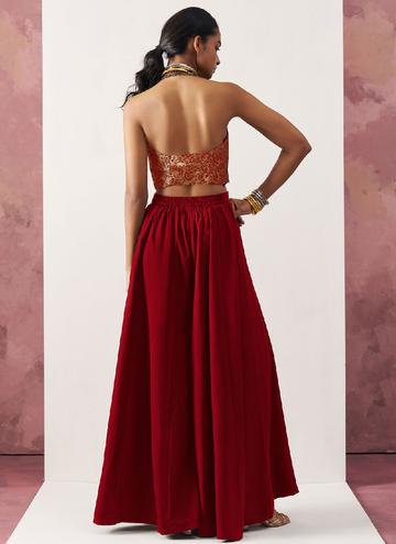 Beautiful Red Jacquard party wear croptop and crepe palazzo set